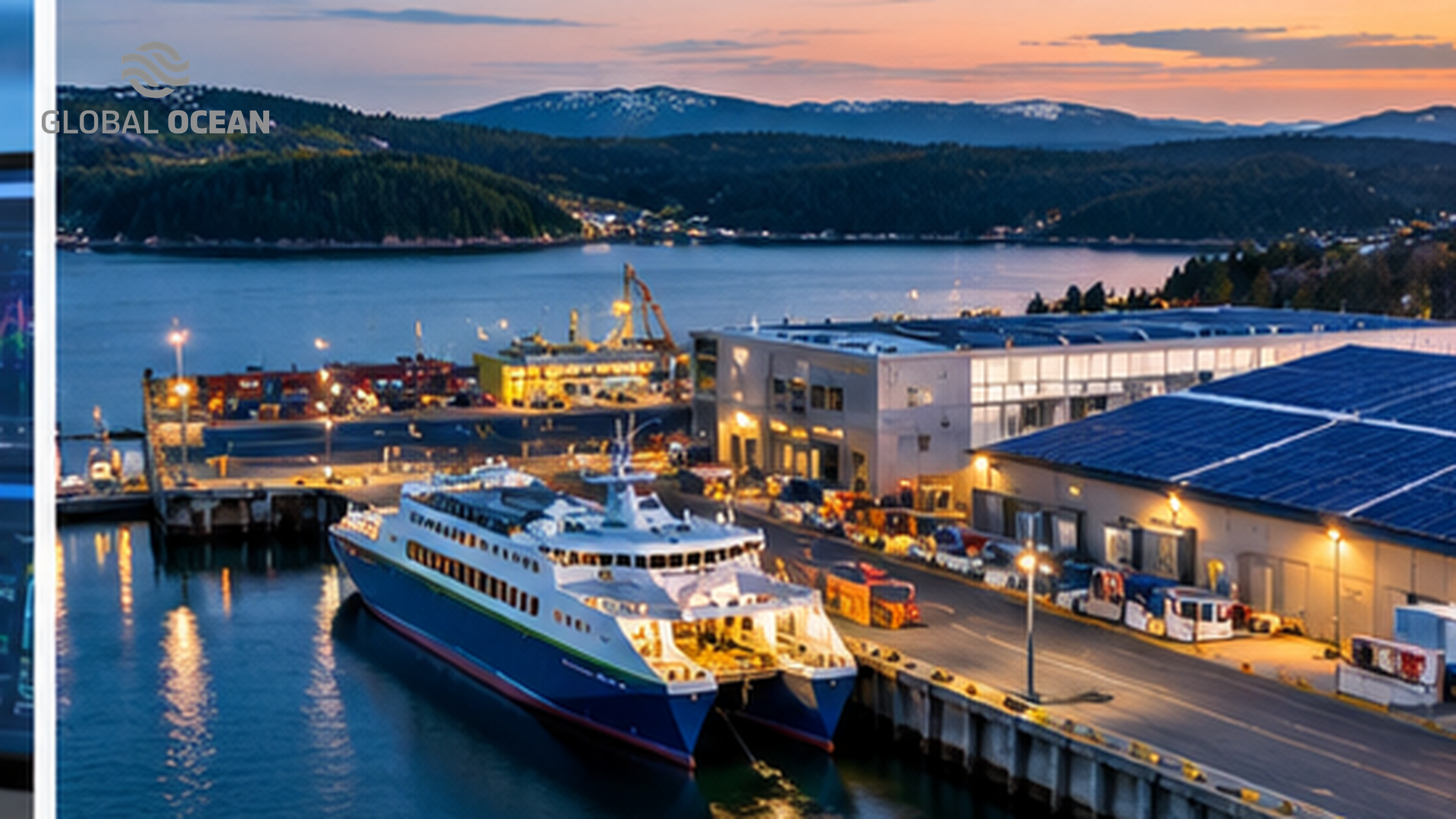 Ferries alongside a port with rooftop solar panels and shoreside infrastructure
