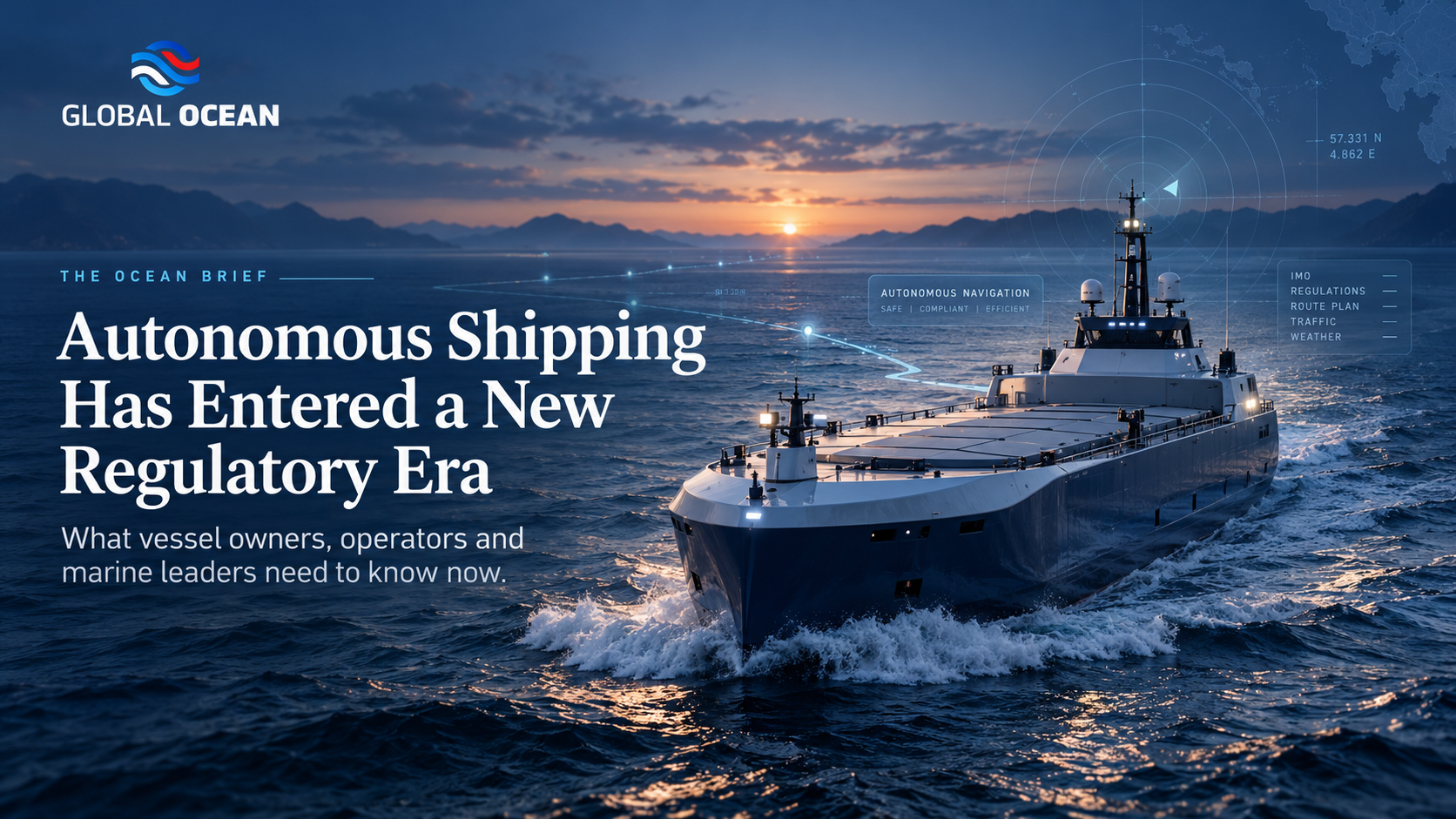 Global Ocean autonomous shipping cover showing a commercial vessel at sea