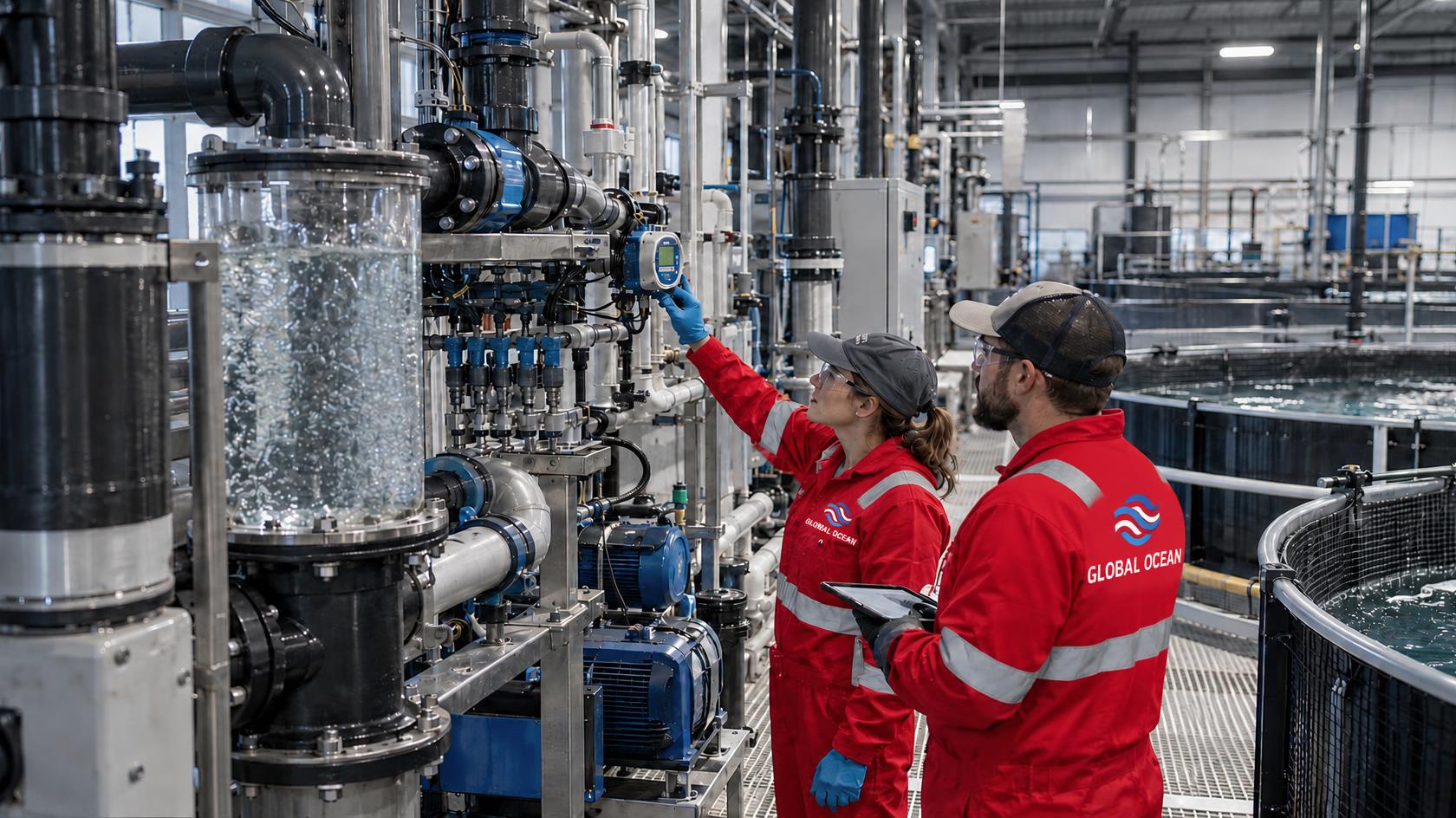 Technicians inspecting aquaculture water treatment pipework and instruments