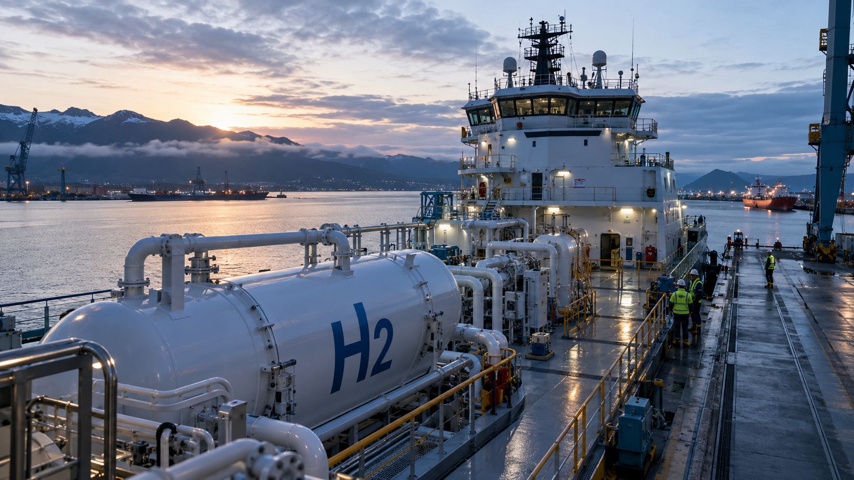 Crew on the deck of a modern hydrogen fuelled support vessel in harbour at dawn