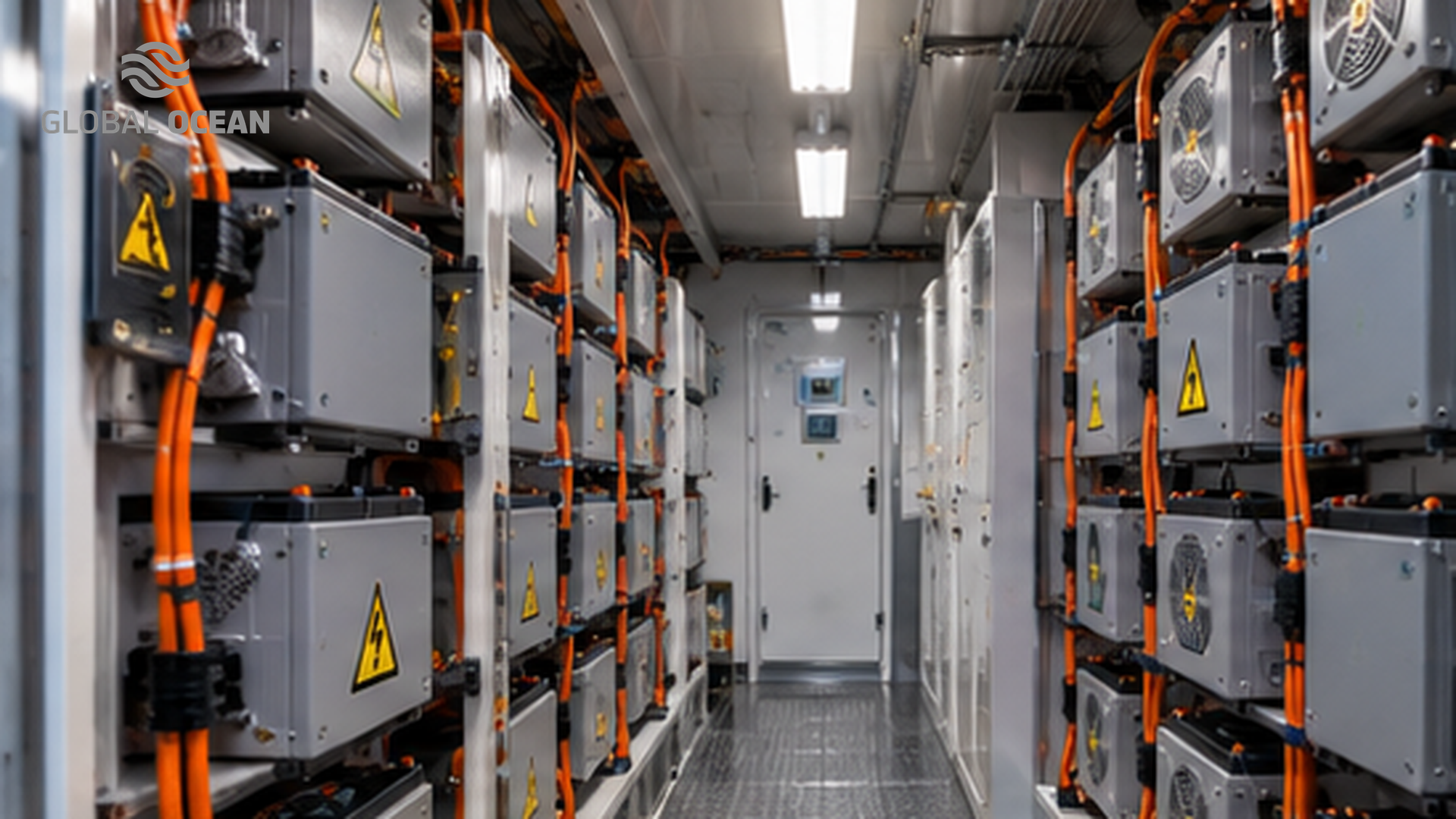 Marine battery room with battery cabinets, power cables and ventilation equipment