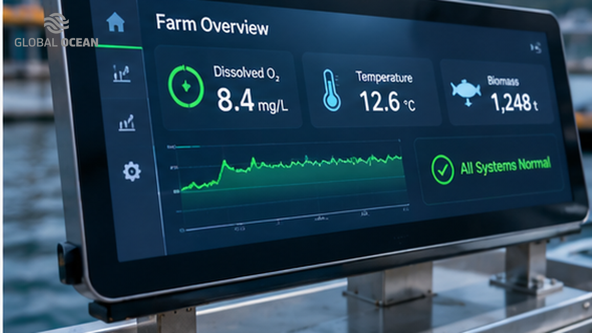 Aquaculture monitoring display showing dissolved oxygen, temperature and biomass