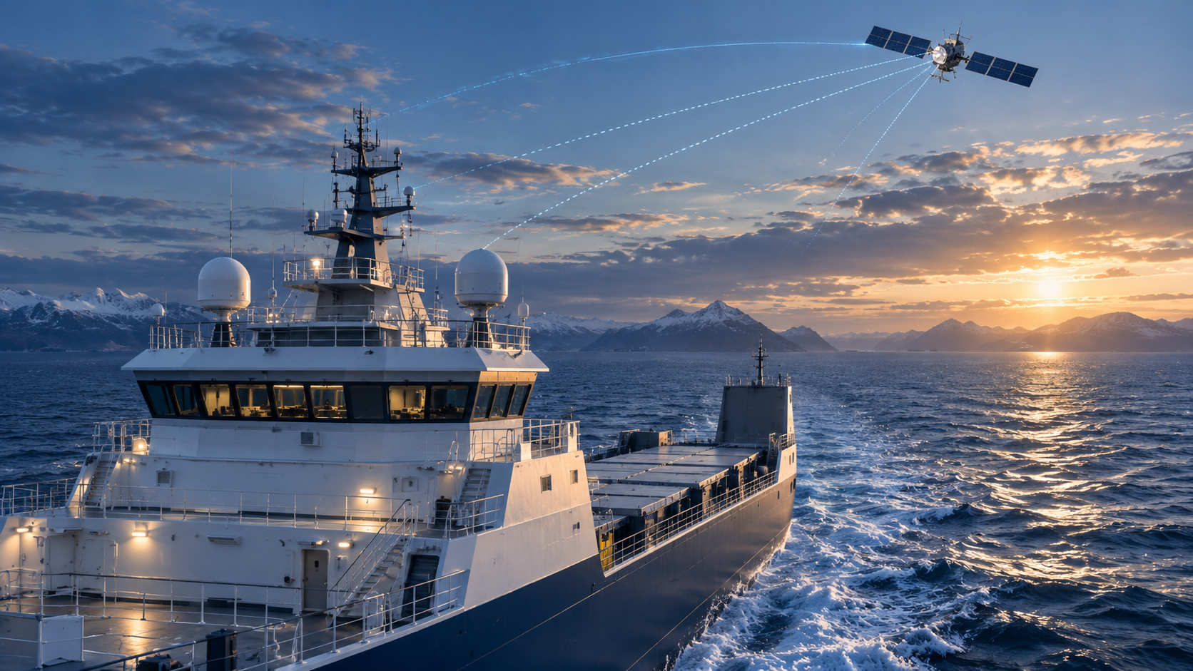 Illustration of satellite communications connecting a commercial vessel at sea