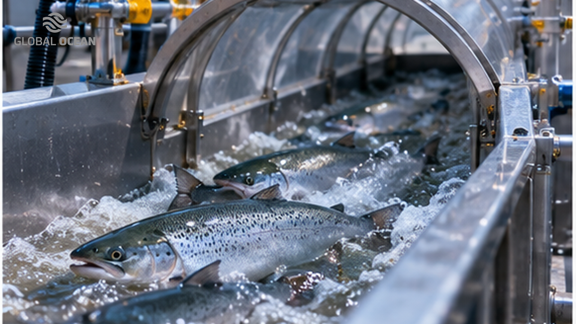 Salmon passing through water filled handling equipment
