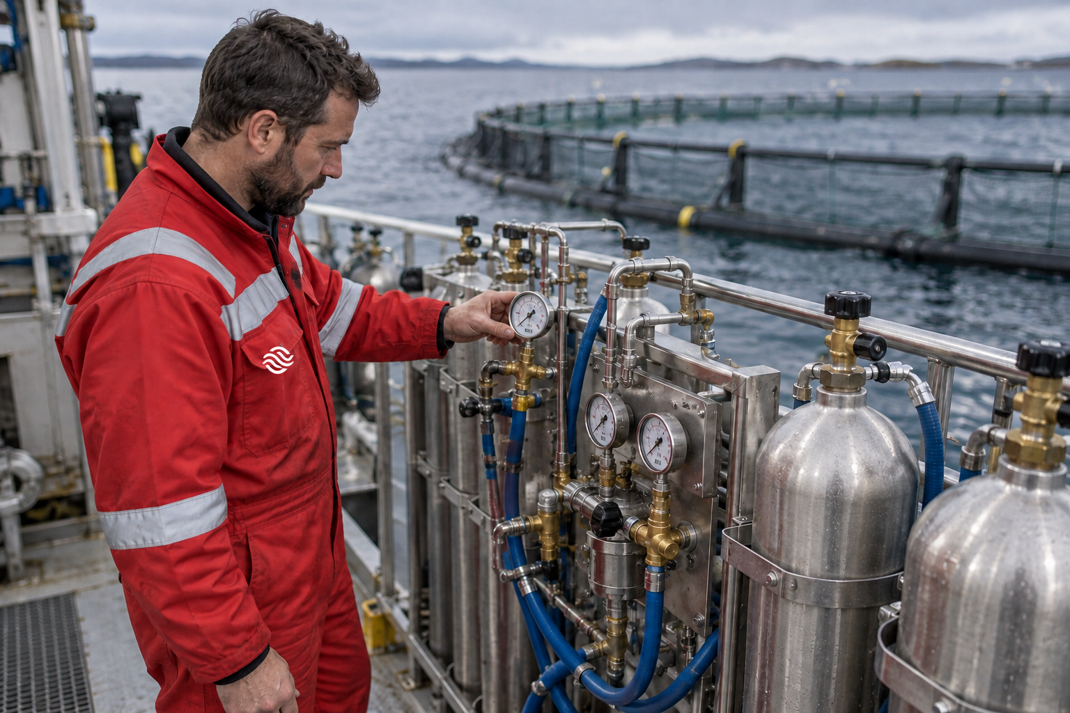 A technician in red Global Ocean workwear checking a gauge on a stainless oxygen injection manifold aboard a working barge