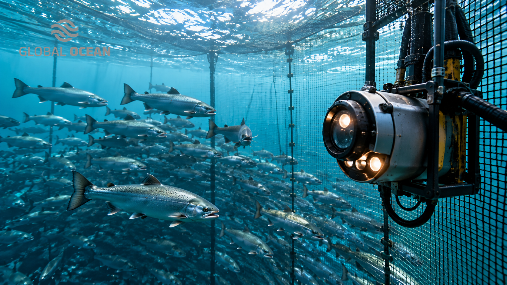 Salmon swimming beside underwater monitoring equipment