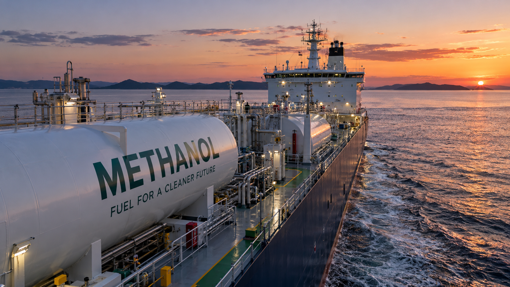 Methanol fuelled vessel underway at sunset