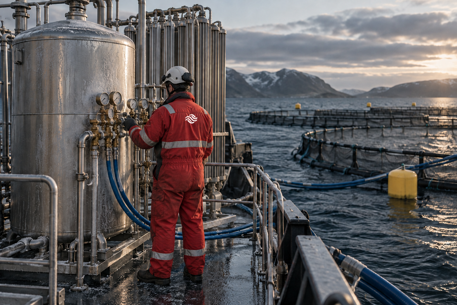 A worker in red Global Ocean workwear checking regulator valves on a stainless liquid oxygen storage tank aboard a working barge