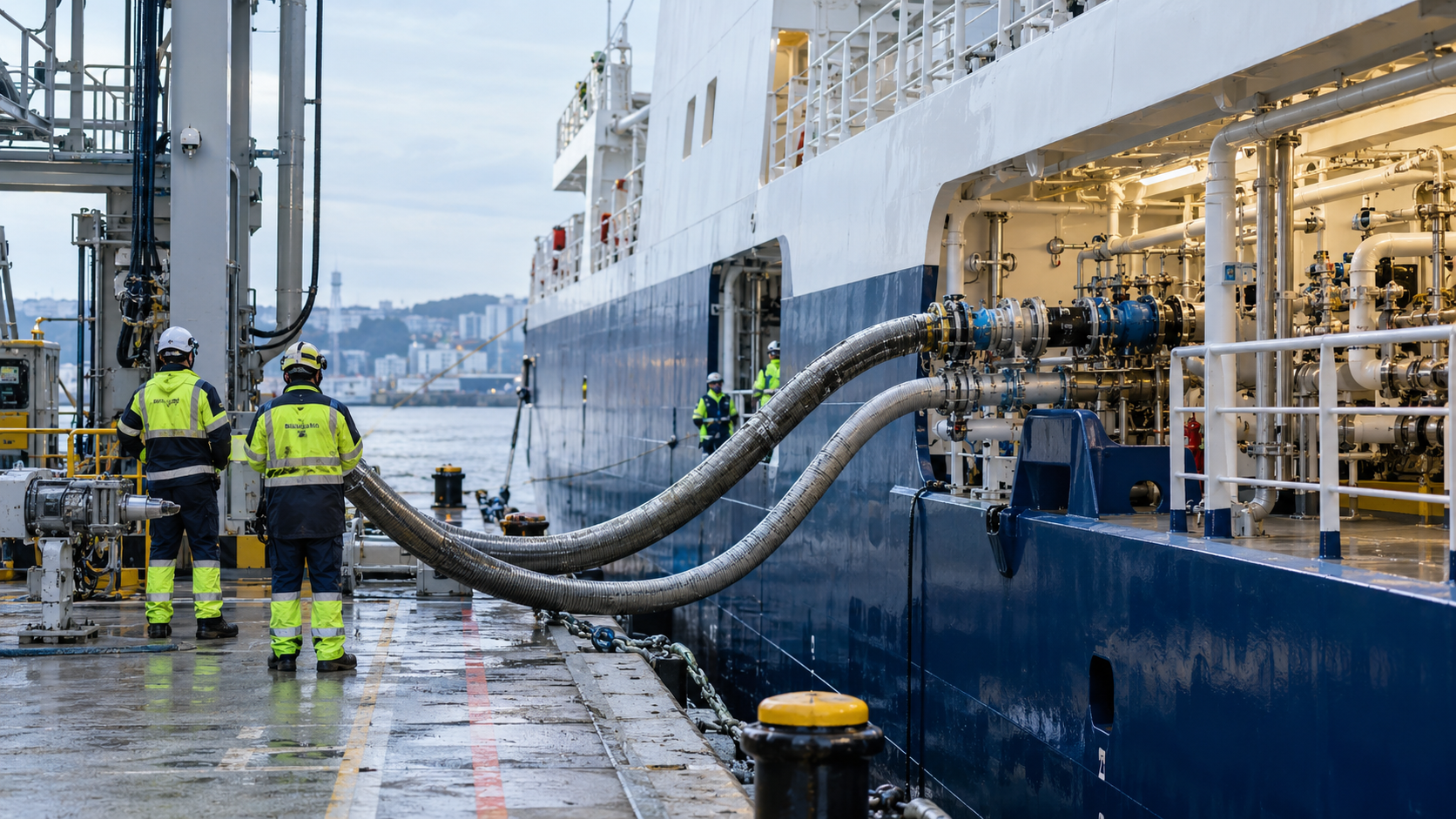 Bunkering hoses connected alongside a vessel at a fuel terminal