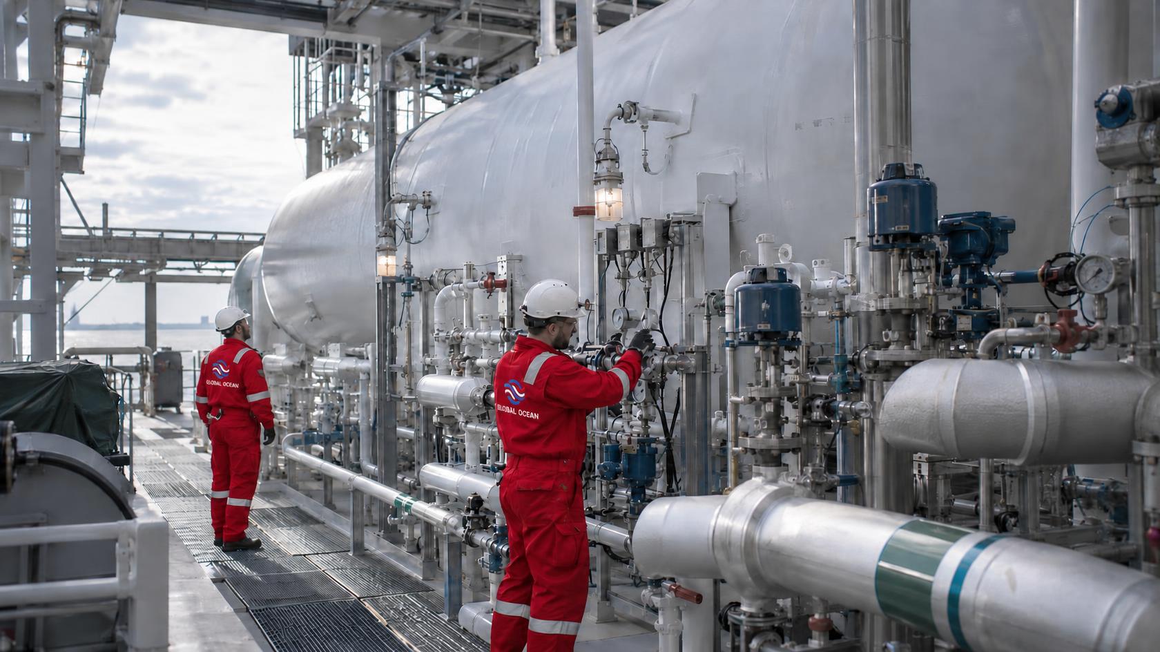 Engineers inspecting alternative fuel tanks and pipework on board a vessel