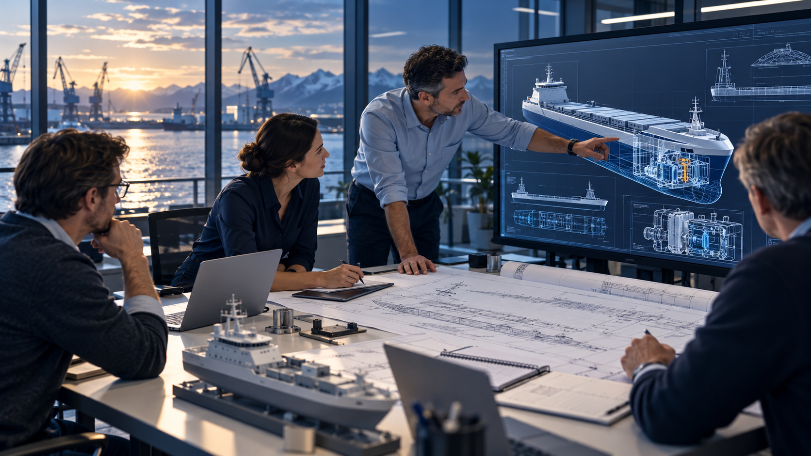 Illustration of a marine engineering team reviewing vessel designs