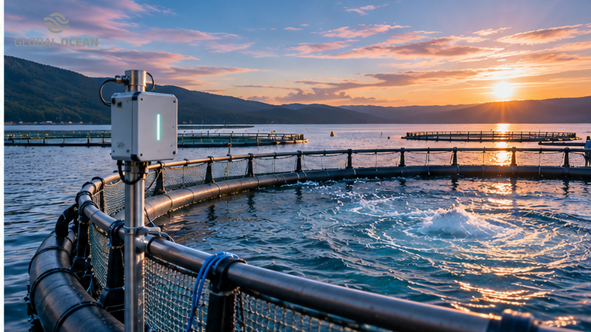 Water quality monitoring equipment on a salmon pen at sunset