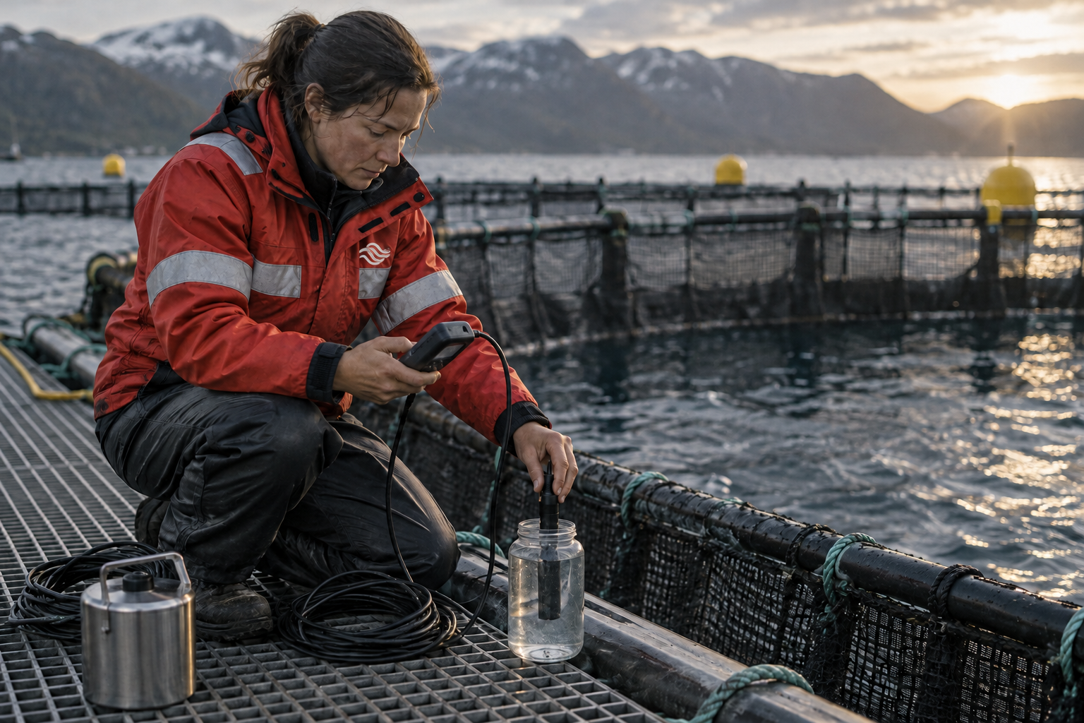 A technician in red Global Ocean workwear reading a handheld dissolved oxygen meter at the edge of a net pen