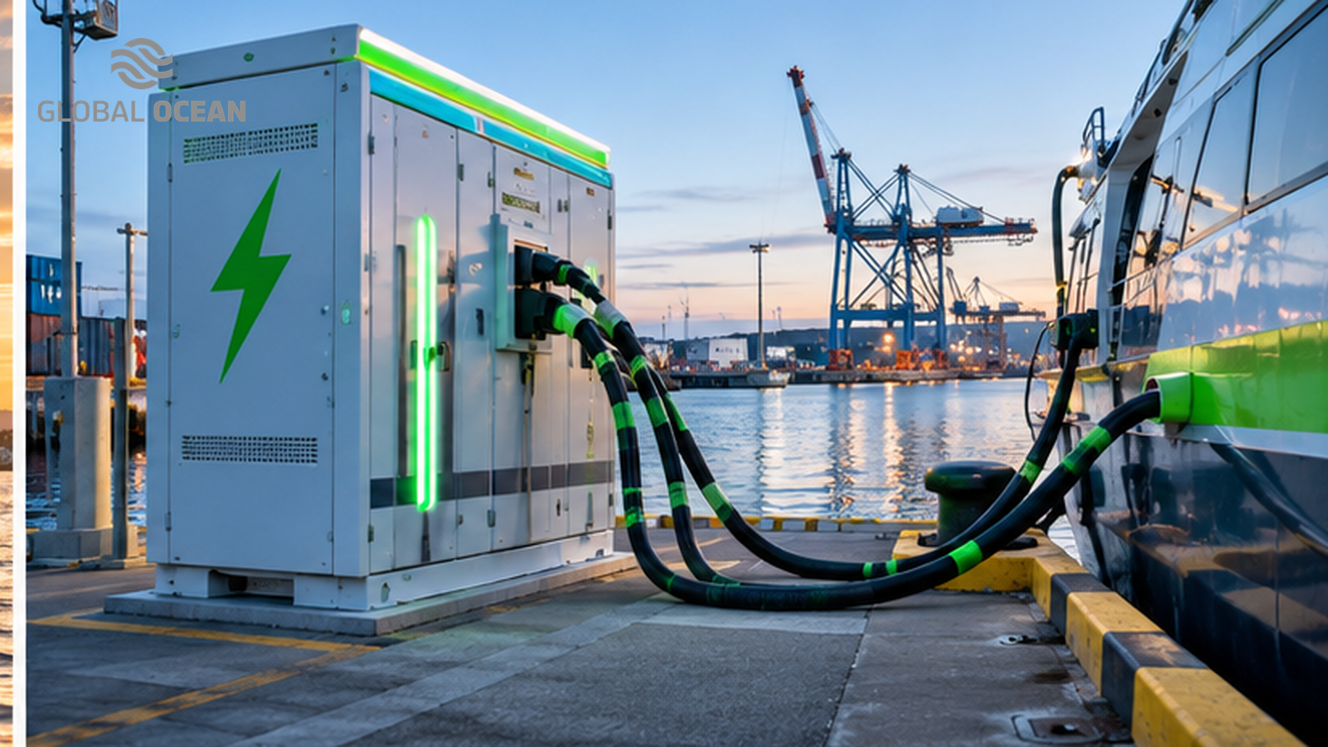 Shore charging equipment connected to an electric workboat at the berth