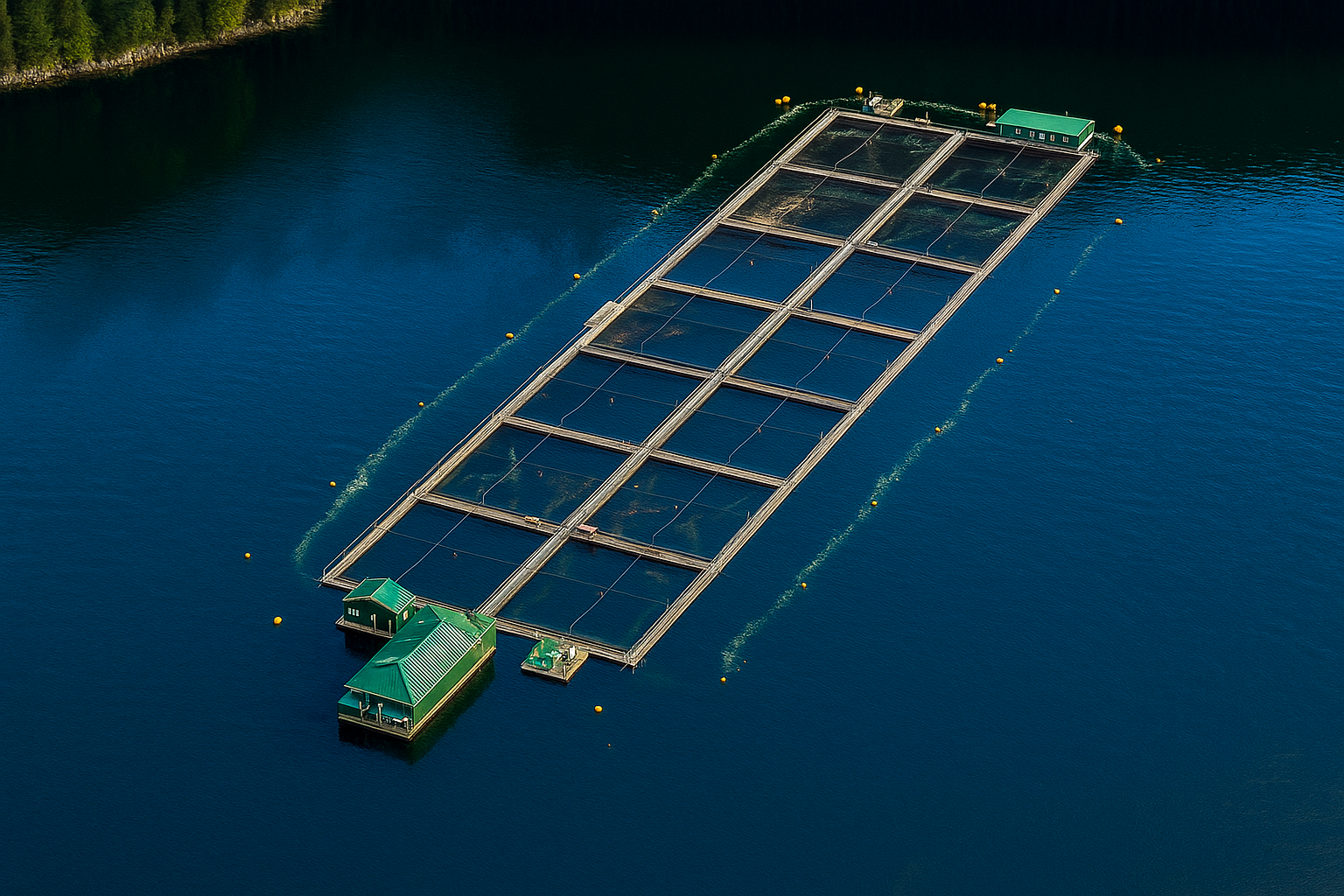Aerial view of a floating aquaculture lease with net pens ringed by perimeter aeration