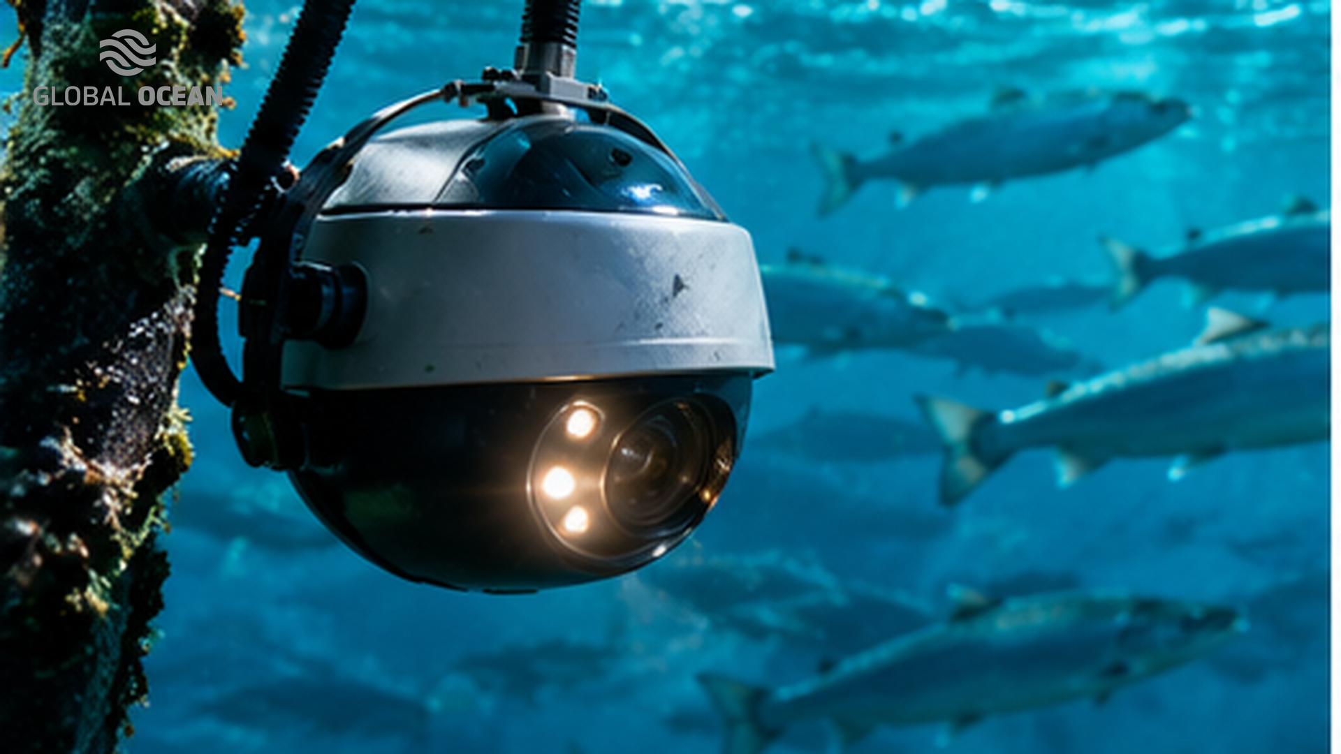 Underwater health monitoring camera beside swimming salmon