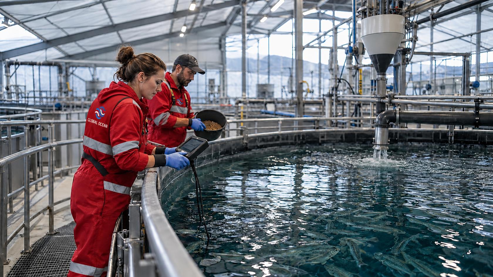 Aquaculture operators monitoring fish tanks and feeding systems
