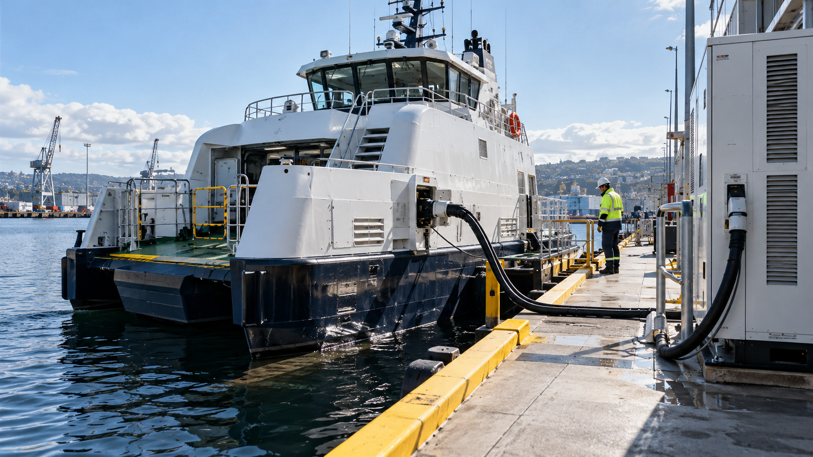 Modern hybrid vessel connected to shore power at the dock