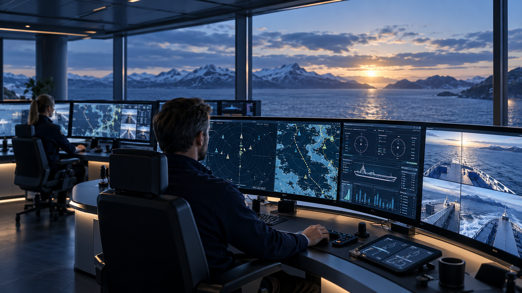 Illustration of operators monitoring vessels from a shore based command centre