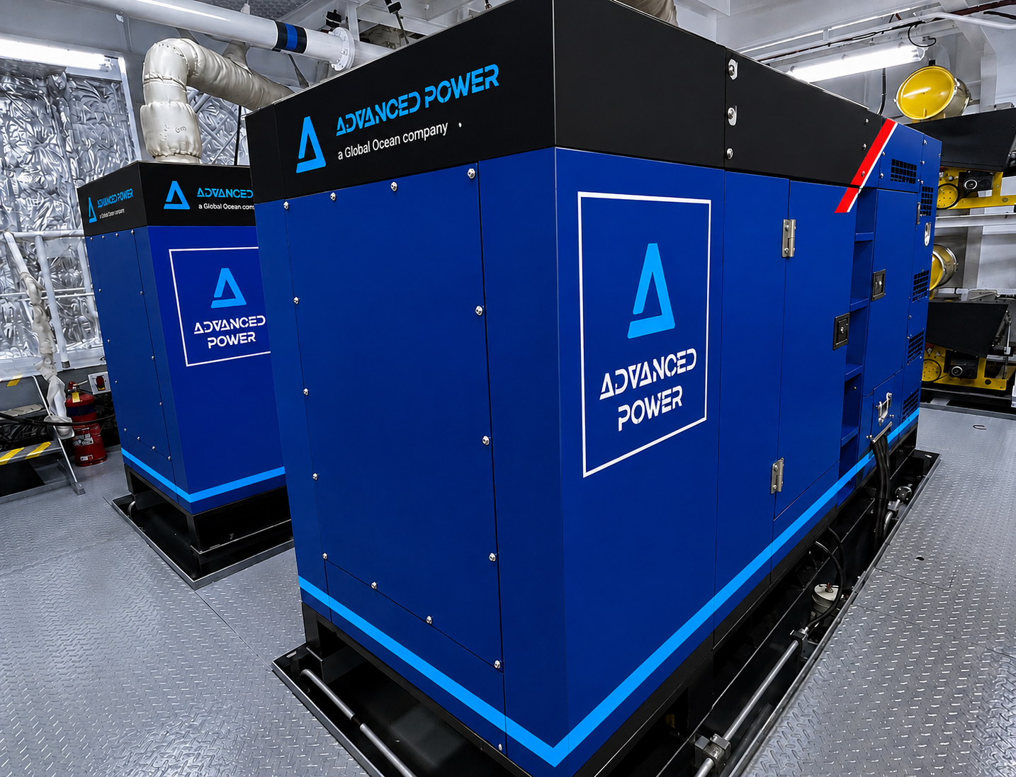 A close view of an Advanced Power generating set with a second matched set in the background