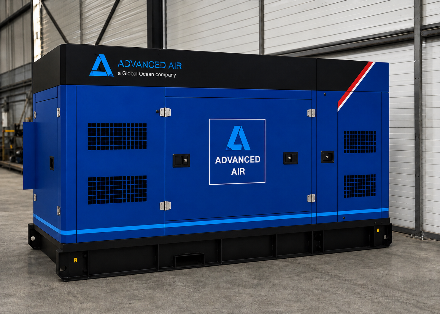 A blue Advanced Air compressor skid inside a weatherproof acoustic enclosure, built in house
