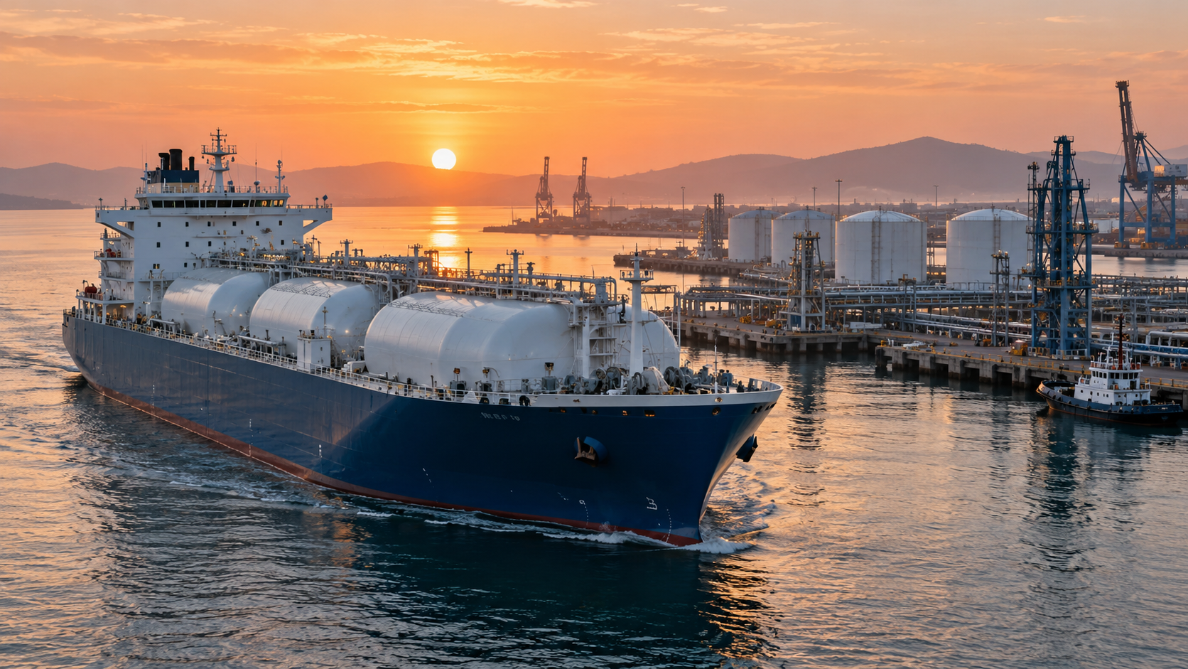 Large gas carrier arriving at a coastal fuel terminal at sunset
