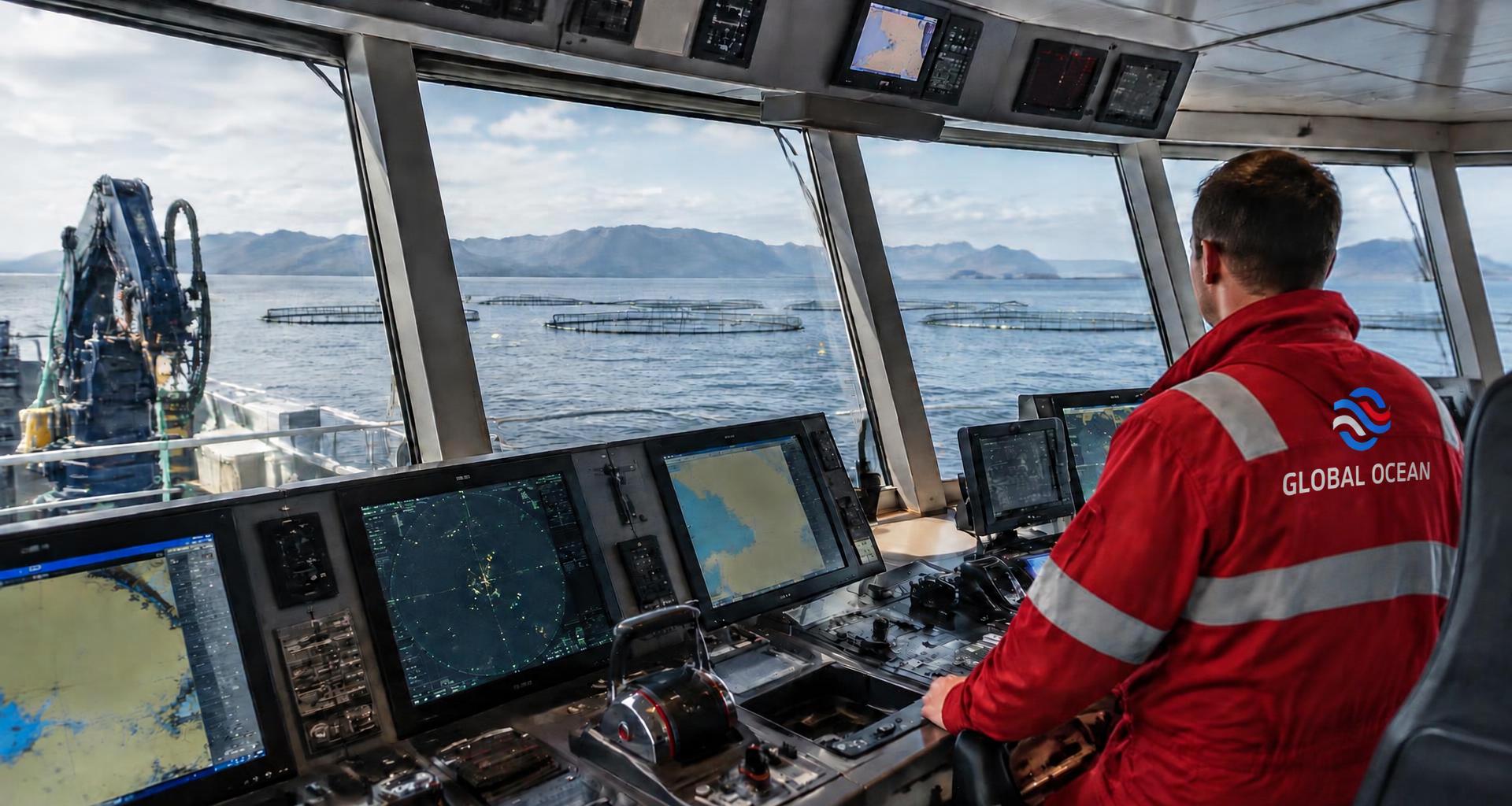 Illustrative vessel operator overseeing navigation and aquaculture infrastructure from the bridge