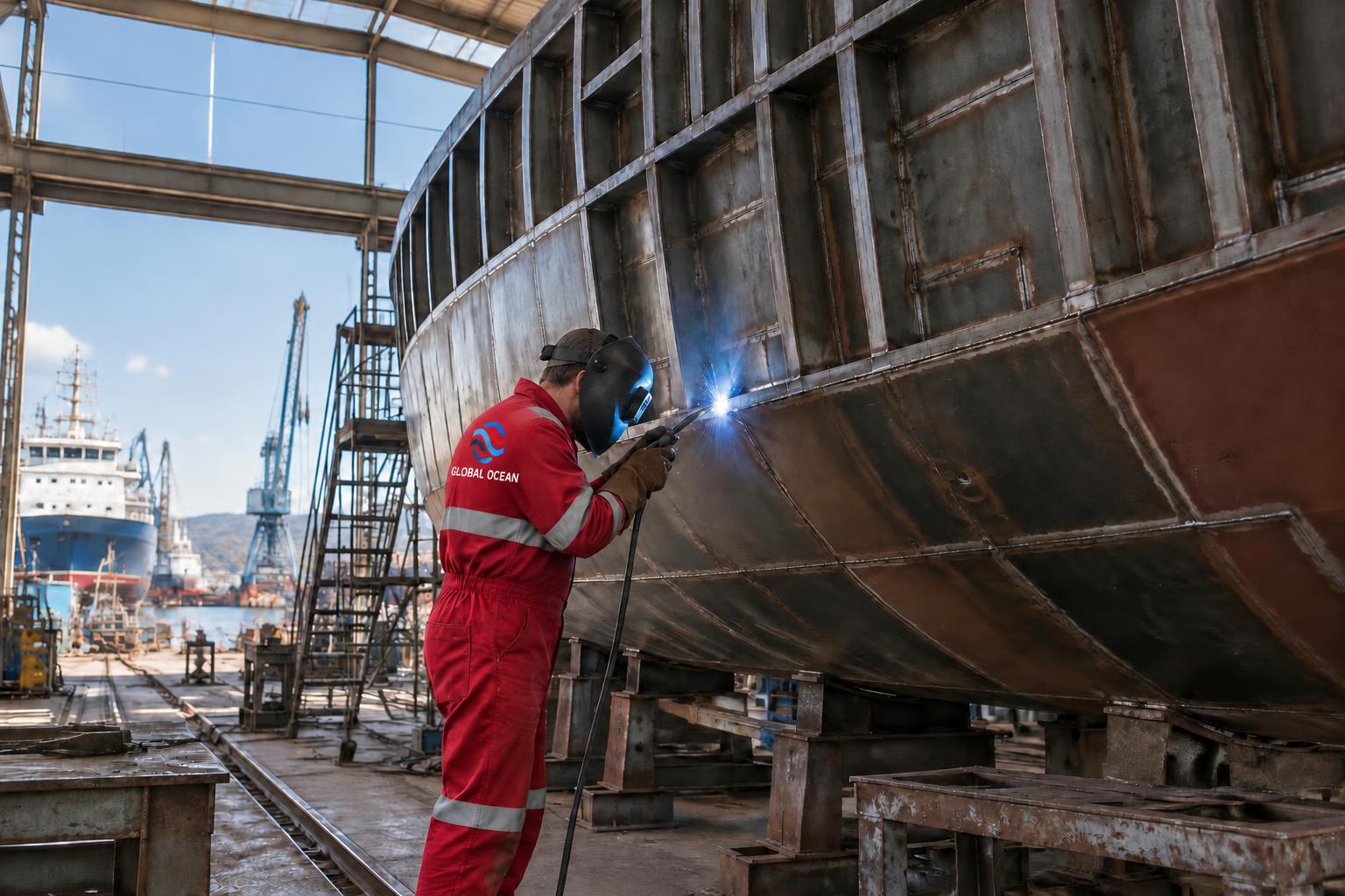 Illustrative welder constructing a commercial vessel hull