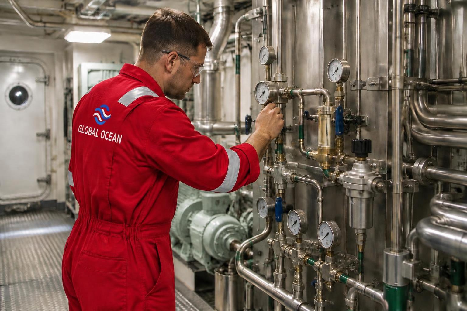 Illustrative technician inspecting marine equipment in branded red workwear