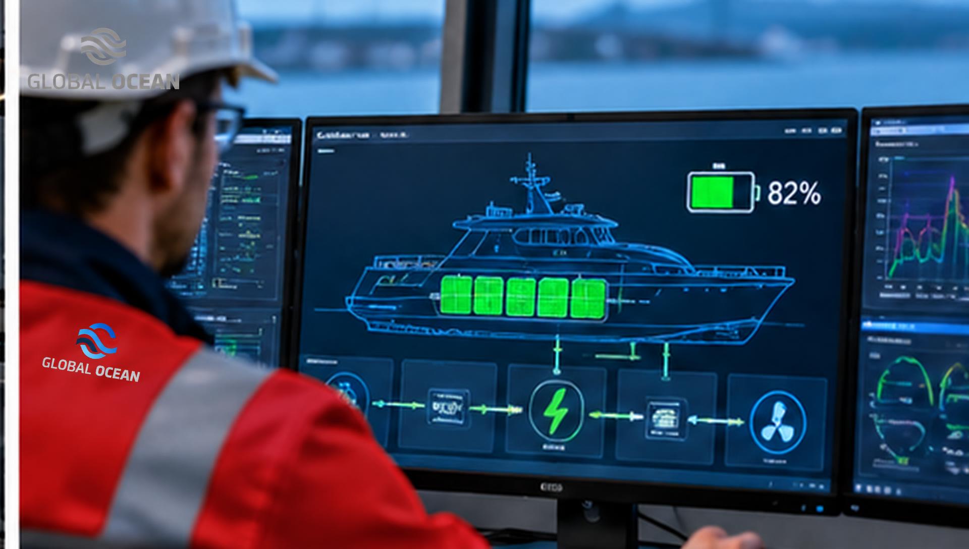 Operator in red Global Ocean reflective workwear monitoring vessel battery and power systems